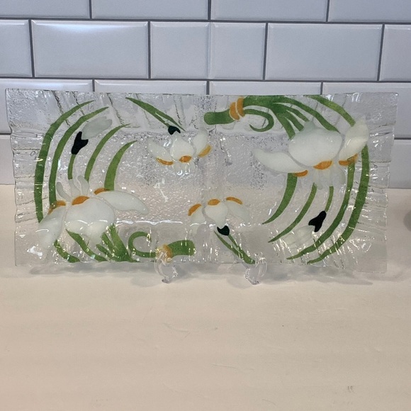 Vintage Sydenstricker Fused Glass Tray White Irises Ruffle Rim Large 16x7.5” - Picture 3 of 10